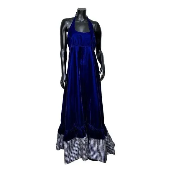 Vintage 70s 80s Union Made Blue Velveteen Maxi Dress Hooded Mantle Set Gingham